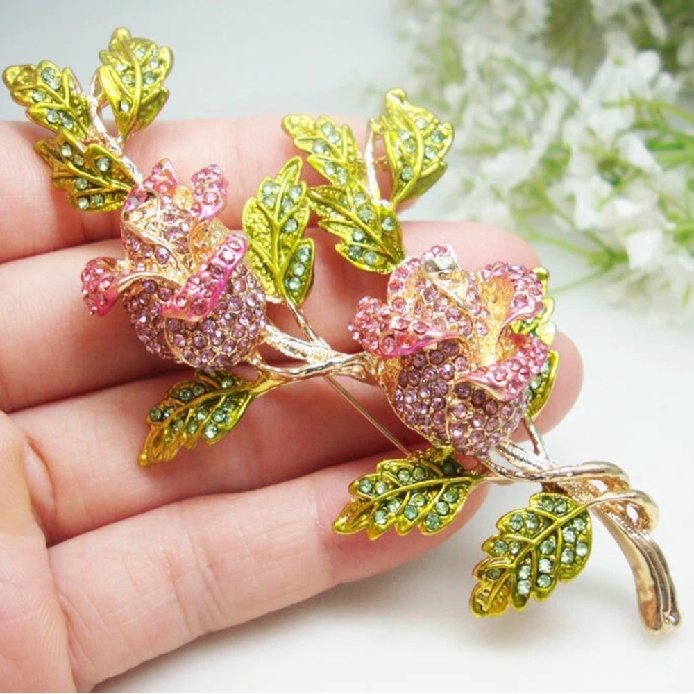 Elegant Pink and Green Floral Brooch Metal Base